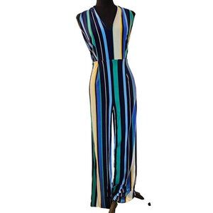 Striped Halter Neck Jumpsuit With Tie Back & Back Zipper Sexy and Causal Size M